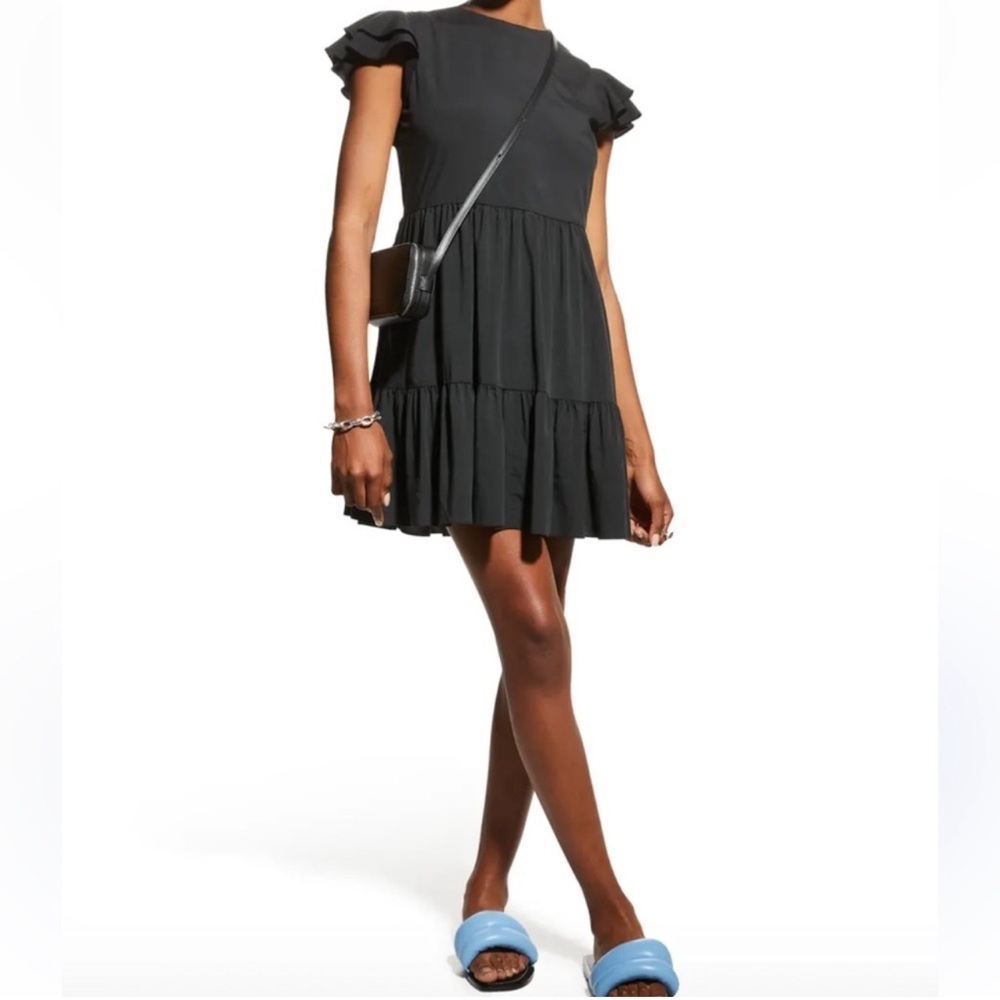 Alice + Olivia Black Tiered Mini Dress Flutter Sleeve Fit Flare Ruffle Size 4